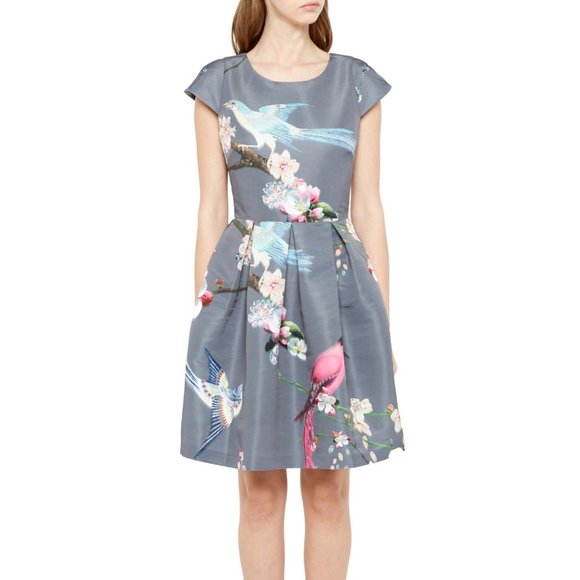 Ted Baker Gray Bir Print Dress Size 0 US size 2 - Picture 1 of 8